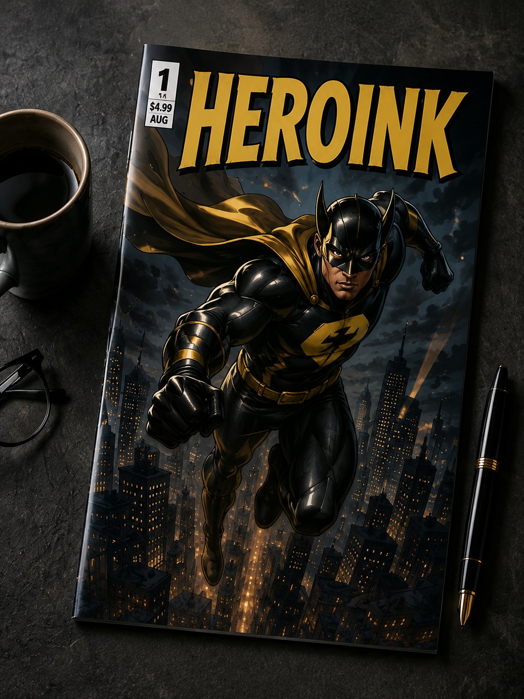 A printed heroink comic book on a desk